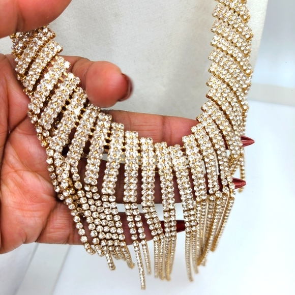 - Bib Goldtone Fringe Necklace • Filled w Rhinestones - Picture 2 of 3